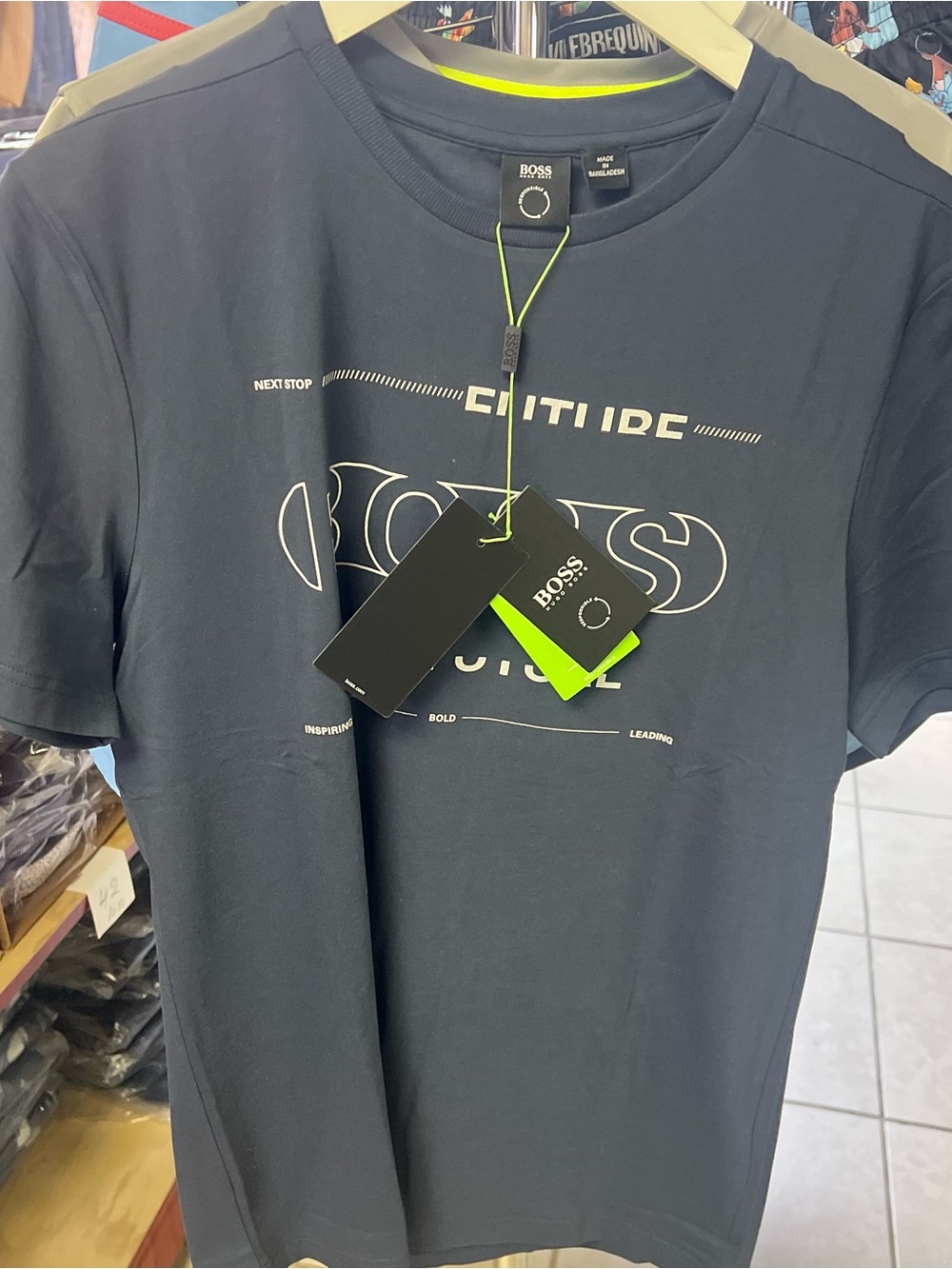 Hugo Boss Navy Crewneck Tee with Lime Accent